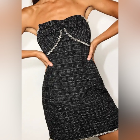 NWT lulus Black Tweed Strapless Rhinestone Bow Mini Dress Medium - Picture 4 of 13
